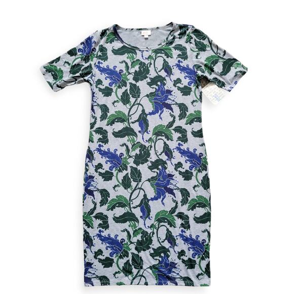 Lularoe Julia Gray Blue Floral Sheath High Neckline Knee Length Dress Sz XL - Picture 4 of 8